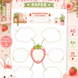 Mapa mental kawaii para TDAH imprimible, notas de estudio de conejito fresa, planificador de descarga de ideas, A5, A4, Carta estadounidense. Descarga digital.