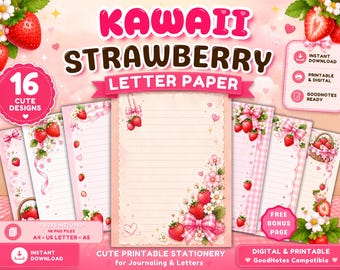 Zestaw papieru listowego Kawaii Strawberry, urocze materiały piśmiennicze do druku, różowe strony dziennika, papier GoodNotes, papier do pisania, pobieranie cyfrowe