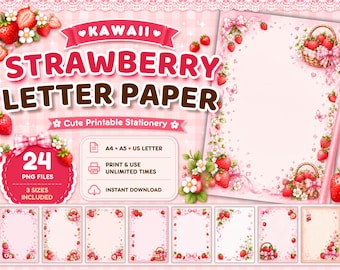 Zestaw papieru listowego Kawaii Strawberry, urocze materiały piśmiennicze do druku, różowe strony dziennika, papier GoodNotes, papier do pisania, pobieranie cyfrowe
