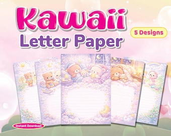 Zestaw papieru listowego Kawaii | Pastelowe wzory z misiami, artykuły papiernicze do dziennika (pobranie cyfrowe)
