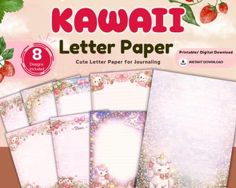 Kawaii Truskawkowy Papier Listowy, Różowy Artykuł do Notatnika (Pobieranie Cyfrowe)