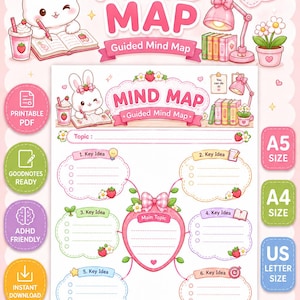 May include: A printable mind map template featuring a central heart-shaped main topic area, six surrounding key idea bubbles, and a summary section. The design includes strawberry and bunny illustrations, pink accents, and text labels.