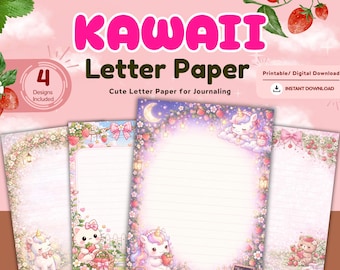 Kawaii Truskawkowy Papier Listowy do Druku, Uroczy Papier Do Pisania, Różowe Artykuły Papiernicze, Papier Do Notatnika, Pobieranie Cyfrowe