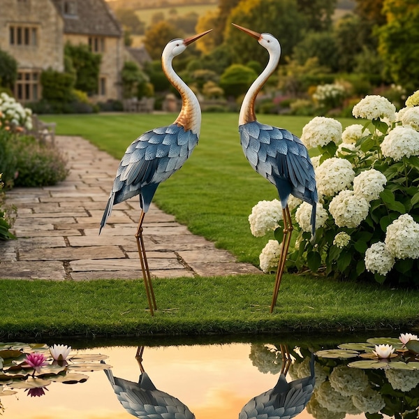 Set of 2 Metal Crane Garden Statues, Elegant Heron Yard Art, Weather-Resistant Steel Sculptures