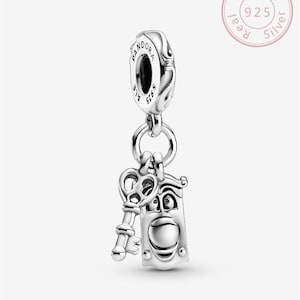 Disney Alice in Wonderland Key & Door Knob Dangle Charm,S925 Silver Charms, Fits Pandora Charm Bracelets, Necklace Pendant,European Bracelet