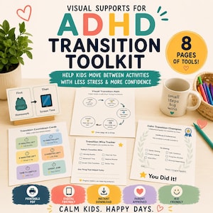 Puede incluir: Un kit de herramientas de transición visual para TDAH de 8 páginas, que incluye tarjetas de cuenta regresiva, una ruta de transición, un rastreador de logros y un certificado. El texto dice: Visual Supports for ADHD Transition Toolkit, Help Kids Move Between Activities With Less Stress & More Confidence, Small Steps Big Wins y You Did It.