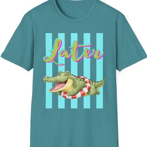 Relaxed Alligator 'Later' T-Shirt | Retro Stripes, Pool Float