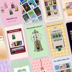 May include: A digital collage featuring various book-themed graphics, including a spinning prize wheel, a claw machine, a gumball machine, a slot machine, and shelves filled with book covers. The layout includes text elements like Picked for you, 2024 Wrapped, Book Grabber, What should I read next, and My 2026 Tier List.