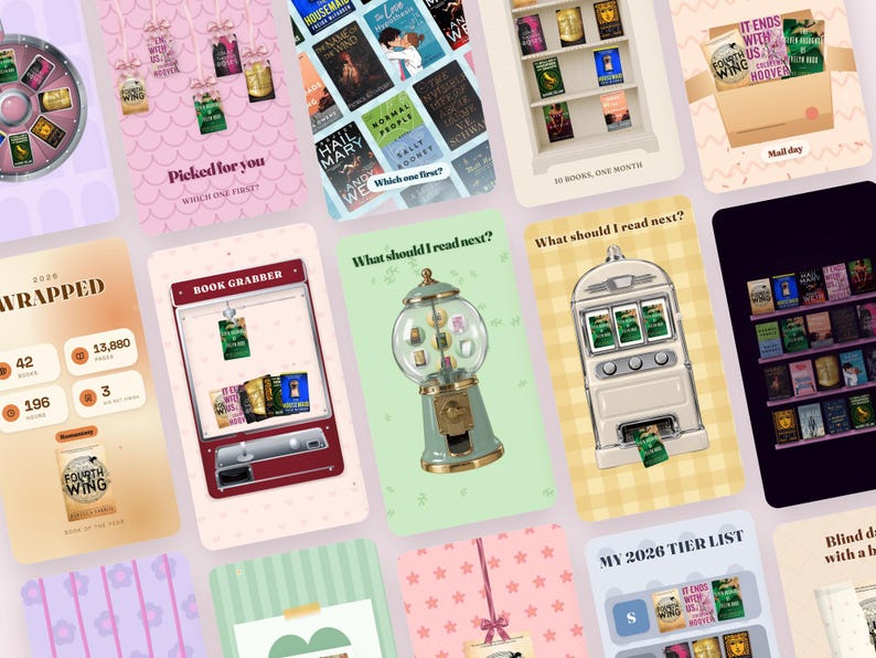 May include: A digital collage featuring various book-themed graphics, including a spinning prize wheel, a claw machine, a gumball machine, a slot machine, and shelves filled with book covers. The layout includes text elements like Picked for you, 2024 Wrapped, Book Grabber, What should I read next, and My 2026 Tier List.