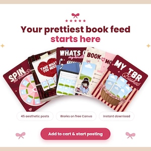 May include: A digital social media template set for book lovers featuring five cards with text including Spin the Wheel, Take What You Need, Whats on my kindle, Book vs Movie, and My TBR Basket. The design includes pink and maroon accents.
