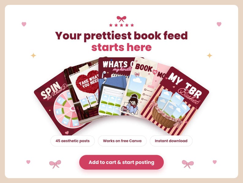 May include: A digital social media template set for book lovers featuring five cards with text including Spin the Wheel, Take What You Need, Whats on my kindle, Book vs Movie, and My TBR Basket. The design includes pink and maroon accents.
