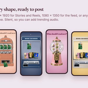 May include: Four smartphone screens displaying digital templates for social media content. The screens feature illustrations of vintage-style slot machines and gumball machines containing book covers, with text reading Story shape, ready to post.
