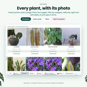 May include: A digital interface displaying a plant database with the heading Every plant, with its photo. The screen shows a grid of plant images with names like Ace of Spades and African Mask, alongside filter buttons and navigation tabs.