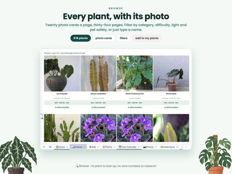 May include: A digital interface displaying a plant database with the heading Every plant, with its photo. The screen shows a grid of plant images with names like Ace of Spades and African Mask, alongside filter buttons and navigation tabs.