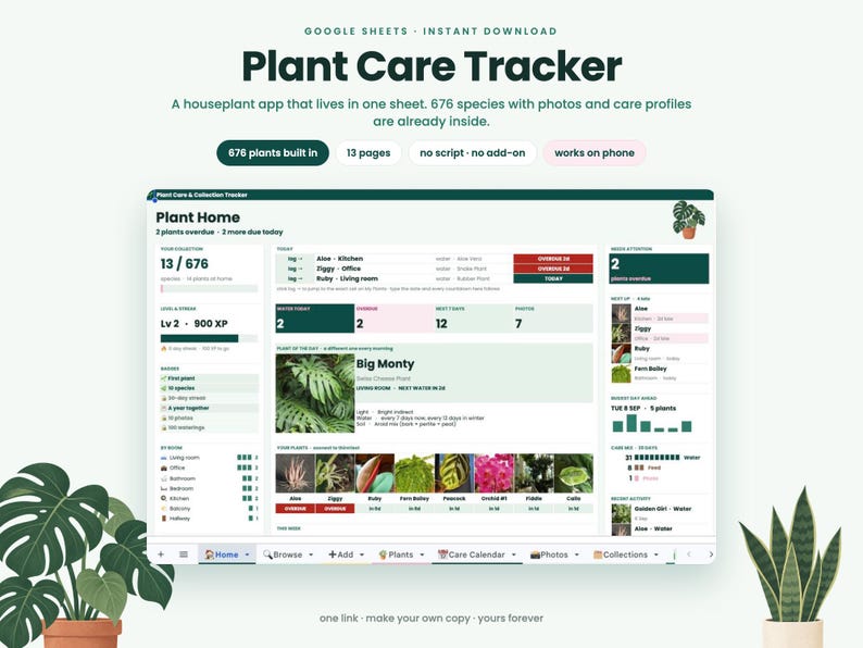 May include: A digital plant care tracker for Google Sheets featuring a dashboard with 676 plant species, care profiles, and collection management tools. The interface displays plant status, watering schedules, and photos in a dark green and white layout.