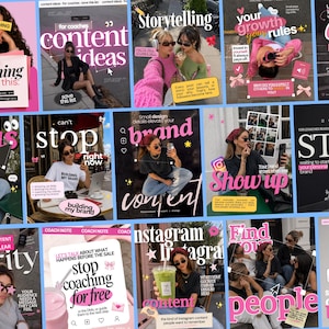 May include: A collection of digital social media graphics featuring various lifestyle photography, bold typography, and pink accents. The images include text overlays such as Coaching is also this, Content ideas, Storytelling, and Show up, designed for coaches.