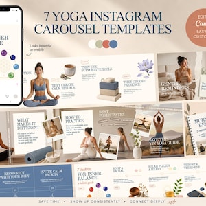 May include: A digital template for Instagram carousel posts, featuring yoga themes. The design includes images of yoga poses, chakras, and text such as "7 chakras for inner balance" and "Morning Reset". The color palette is soft and neutral.