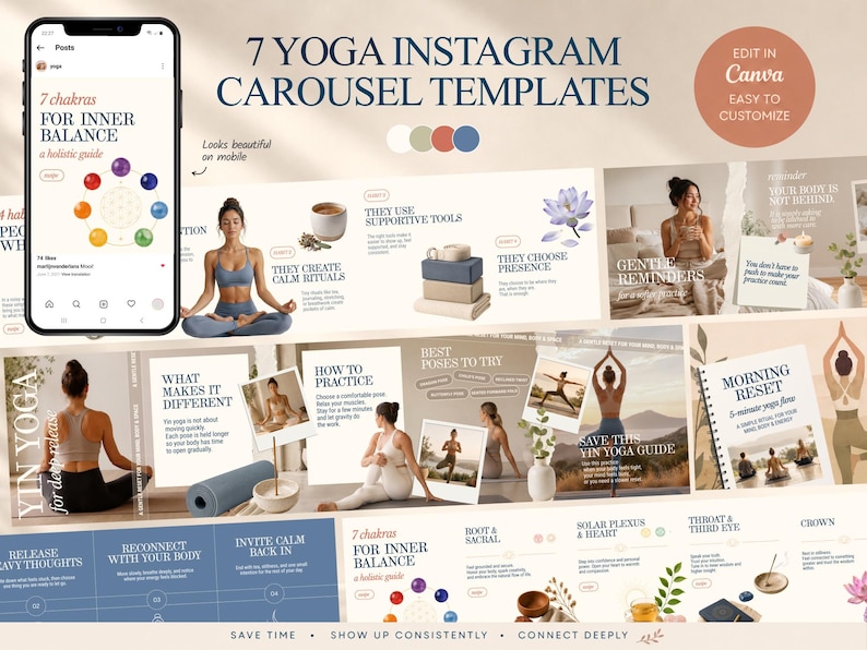 May include: A digital template for Instagram carousel posts, featuring yoga themes. The design includes images of yoga poses, chakras, and text such as "7 chakras for inner balance" and "Morning Reset". The color palette is soft and neutral.