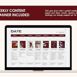 Burgundy and cream business coach Canva template bundle showing a weekly content planner on a laptop screen, with mapped-out Instagram post ideas, visuals, captions, hashtags, and editable content planning layouts for coaches and consultants.