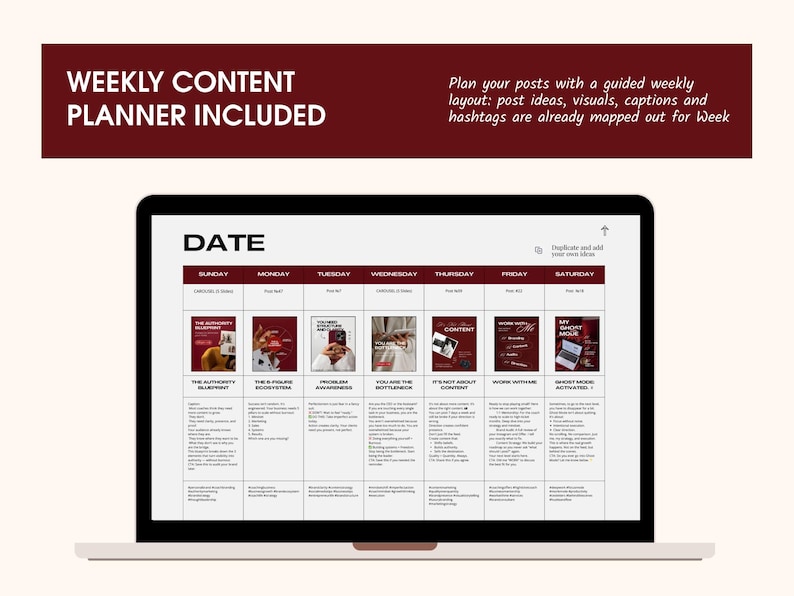 Burgundy and cream business coach Canva template bundle showing a weekly content planner on a laptop screen, with mapped-out Instagram post ideas, visuals, captions, hashtags, and editable content planning layouts for coaches and consultants.