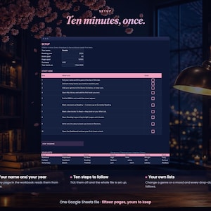 May include: A digital reading tracker spreadsheet interface displayed on a dark background. The screen features a setup guide titled Ten minutes, once, a ten-step checklist, and a table for book lists with columns for genre, format, status, and mood.