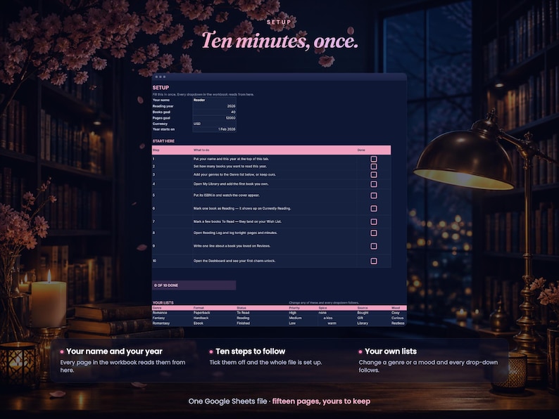 May include: A digital reading tracker spreadsheet interface displayed on a dark background. The screen features a setup guide titled Ten minutes, once, a ten-step checklist, and a table for book lists with columns for genre, format, status, and mood.