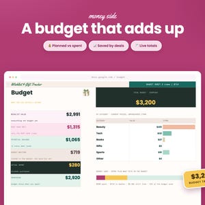 May include: A digital budget tracker interface on a magenta background with the text money side, A budget that adds up, Planned vs spent, Saved by deals, and Live totals. The spreadsheet displays categories like Beauty, Tech, and Books with values.