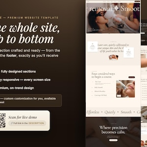 May include: A website template with a clean, modern design. The image showcases various sections, including laser hair removal, with text that reads "The whole site, top to bottom." It highlights features like fully designed sections and responsive design.