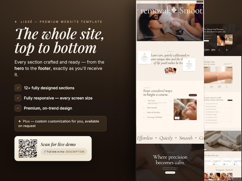 May include: A website template with a clean, modern design. The image showcases various sections, including laser hair removal, with text that reads "The whole site, top to bottom." It highlights features like fully designed sections and responsive design.