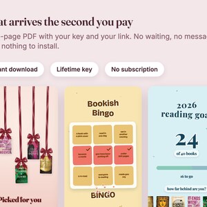 May include: A digital product display featuring text What arrives the second you pay, Instant download, Lifetime key, No subscription. Three panels show book covers hanging by ribbons, a Bookish Bingo grid, and a 2026 reading goal tracker.