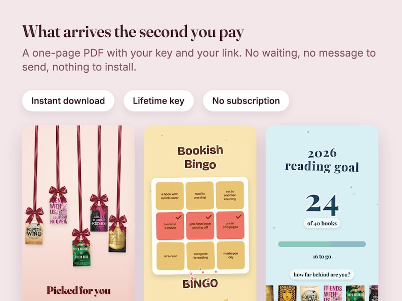 May include: A digital product display featuring text What arrives the second you pay, Instant download, Lifetime key, No subscription. Three panels show book covers hanging by ribbons, a Bookish Bingo grid, and a 2026 reading goal tracker.