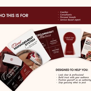 Burgundy business coach Instagram Canva templates displayed as editable post and carousel designs for coaches, consultants, personal brands, and service-based experts, with layouts for branding, strategy, content planning, and professional social media marketing.