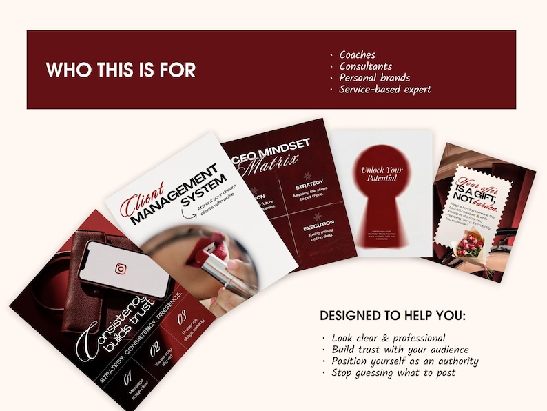 Burgundy business coach Instagram Canva templates displayed as editable post and carousel designs for coaches, consultants, personal brands, and service-based experts, with layouts for branding, strategy, content planning, and professional social media marketing.