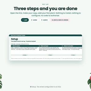 May include: A digital plant care and collection tracker interface featuring a setup guide with three steps: add, water, and watch. The screen displays text instructions for managing plant data, including a plant library and care logs, flanked by illustrations of a monstera and an anthurium plant.