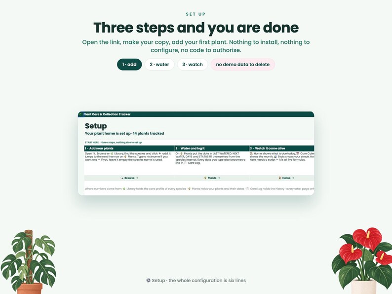May include: A digital plant care and collection tracker interface featuring a setup guide with three steps: add, water, and watch. The screen displays text instructions for managing plant data, including a plant library and care logs, flanked by illustrations of a monstera and an anthurium plant.