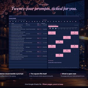 May include: A digital reading challenge tracker displayed on a dark blue interface with twenty-four prompts. The layout includes a list of reading goals, a grid of pink squares representing completed tasks, and text instructions for tracking book progress.