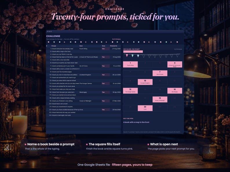 May include: A digital reading challenge tracker displayed on a dark blue interface with twenty-four prompts. The layout includes a list of reading goals, a grid of pink squares representing completed tasks, and text instructions for tracking book progress.