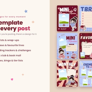 May include: A digital template set featuring 45 designs for social media posts. The text reads 45 designs for every moment, A template for every post, and lists various categories. Six colorful cards display illustrations of characters, books, and photo frames.
