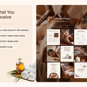 Includes a profile with the name "Olivia Wilson" and website. The image also features a massage, spa images, post templates, story templates, and a content plan. A bottle of oil and rolled towels are also visible.