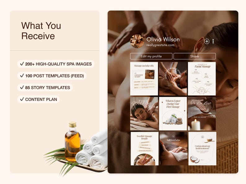 Includes a profile with the name "Olivia Wilson" and website. The image also features a massage, spa images, post templates, story templates, and a content plan. A bottle of oil and rolled towels are also visible.