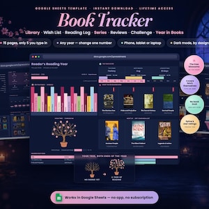 May include: A digital Book Tracker Google Sheets template featuring a dark mode interface with a reading log, library, wish list, series tracker, and book reviews. The dashboard displays colorful bar charts, a reading tree graphic, and book covers.
