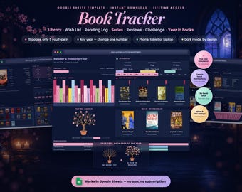 Dark Mode Book Tracker | Reading Log, Wish List, Series & Review Journal (Digital Download)