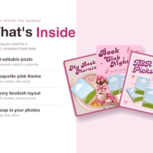 May include: A digital bundle of 50 editable social media posts featuring a pink theme with bows, hearts, and retro script. The text includes What's Inside, My Bookish Morning, Book Club Night, and TBR Picks, displayed alongside book graphics.