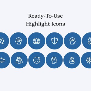 May include: A collection of twelve blue circular icons with white line art designs. The icons include a heart in a speech bubble, a brain, a lotus flower, a shield, a person with a brain, a brain with leaves, a sunrise, people, a sad face, a person with a graduation cap, a chess piece, and a network. Text at the top reads "Ready-To-Use Highlight Icons."