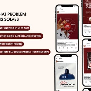 Burgundy and cream business coach Canva template bundle showing the problems it solves, including not knowing what to post, overthinking captions, inconsistent posting, and content that looks random, with editable Instagram post previews displayed on smartphone mockups.