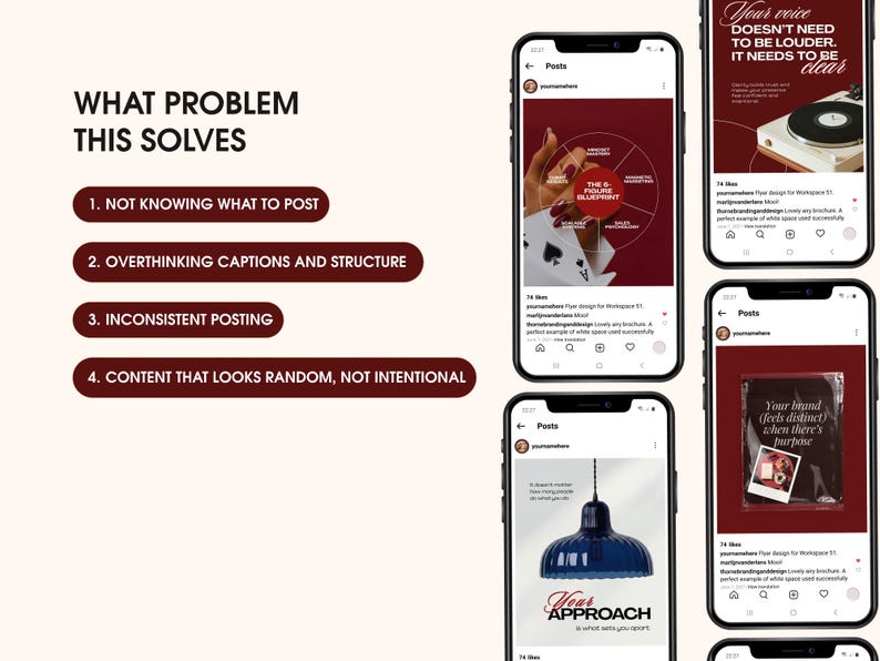 Burgundy and cream business coach Canva template bundle showing the problems it solves, including not knowing what to post, overthinking captions, inconsistent posting, and content that looks random, with editable Instagram post previews displayed on smartphone mockups.