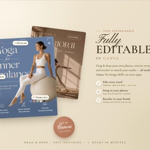 Editable yoga Instagram Canva template preview showing two social media post designs in beige, brown, and soft blue colors. The image highlights fully editable templates for yoga teachers and studios, with drag-and-drop customization, text editing, photo replacement, brand color changes, and ready-to-use wellness content.