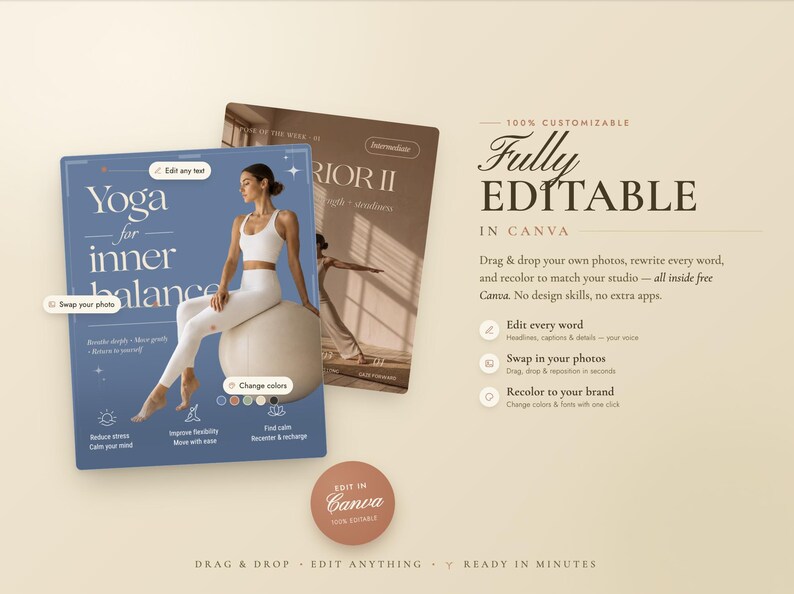 Editable yoga Instagram Canva template preview showing two social media post designs in beige, brown, and soft blue colors. The image highlights fully editable templates for yoga teachers and studios, with drag-and-drop customization, text editing, photo replacement, brand color changes, and ready-to-use wellness content.