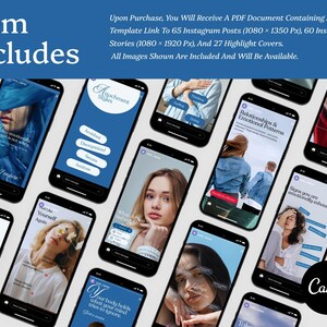 May include: A collection of smartphones displaying Instagram posts and stories. The screens feature various images and text, including the Canva logo. The text on the top says "Item Includes". The image is a digital product.