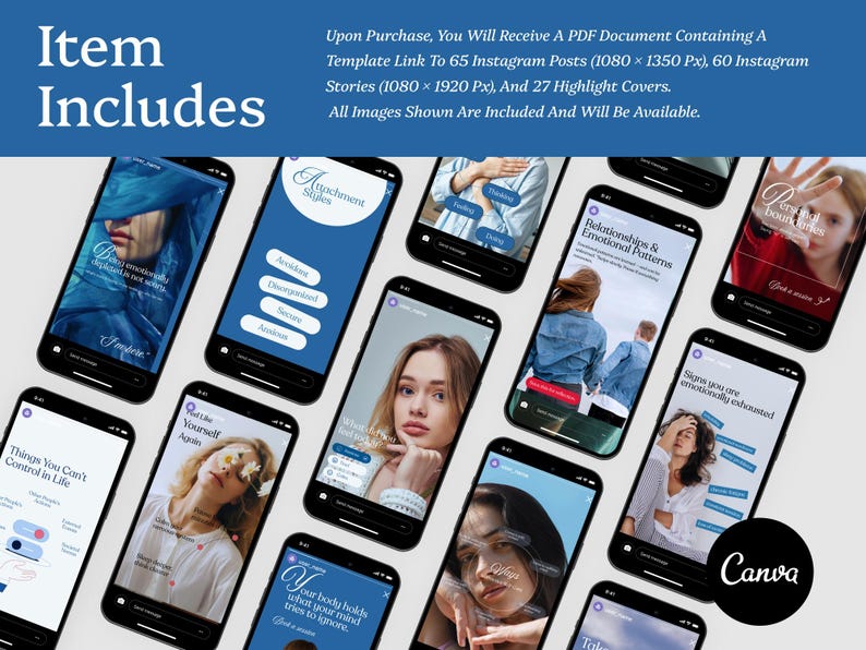 May include: A collection of smartphones displaying Instagram posts and stories. The screens feature various images and text, including the Canva logo. The text on the top says "Item Includes". The image is a digital product.